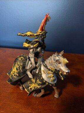 Black & Gold Dragon Armored Knight on Decorated Warhorse - Black, Gold, Silver